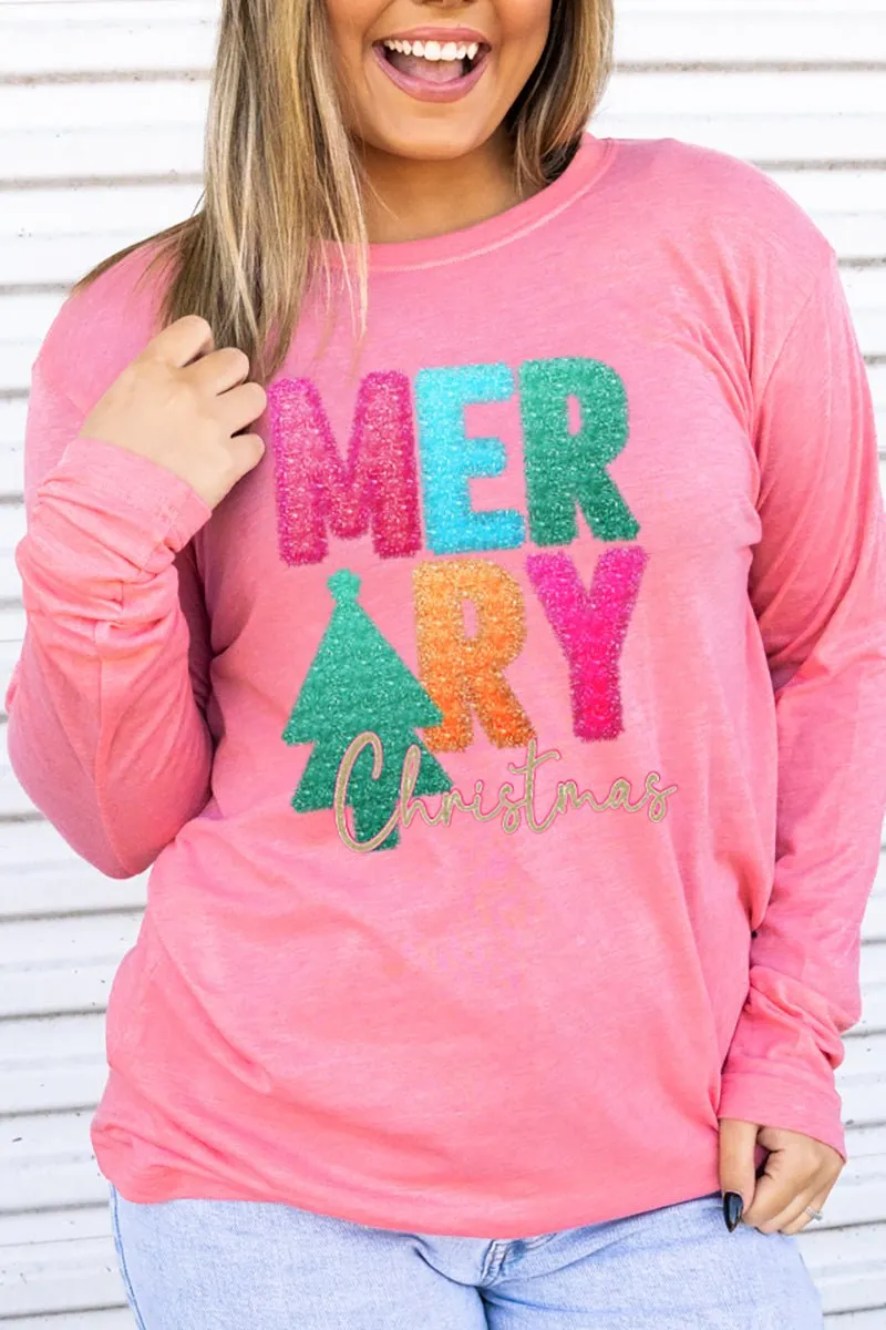 Faux Tinsel Merry Christmas Transfer Adult Soft-Tek Blend Long Sleeve Tee