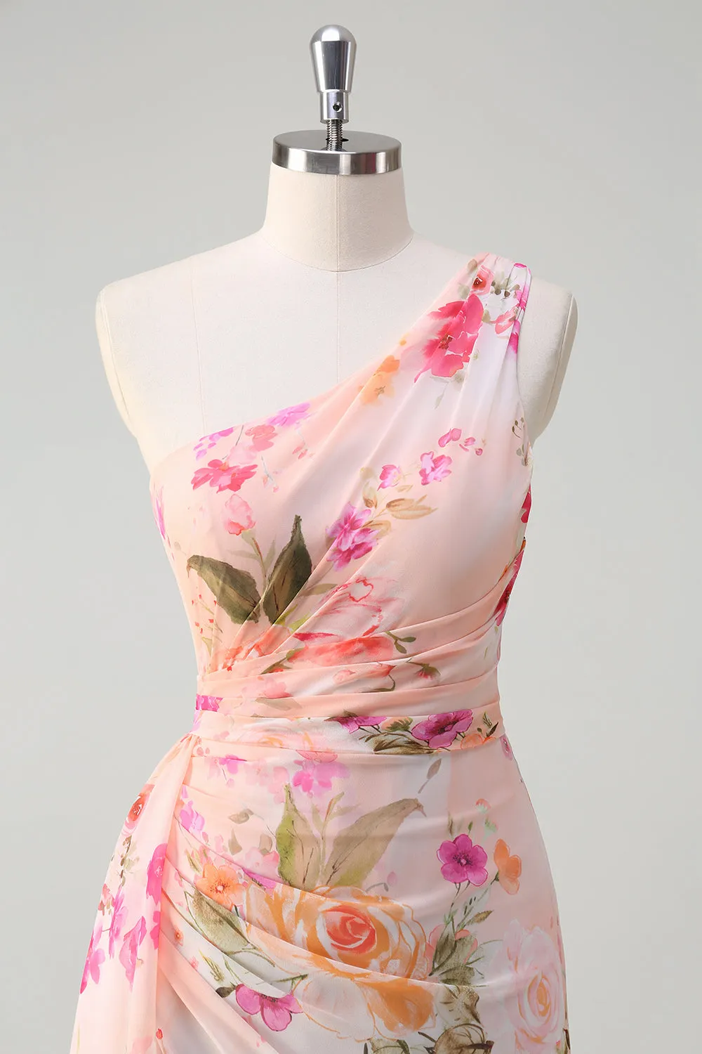 Floral Peach One Soulder Ruched Sheath Maxi Dress with Slit