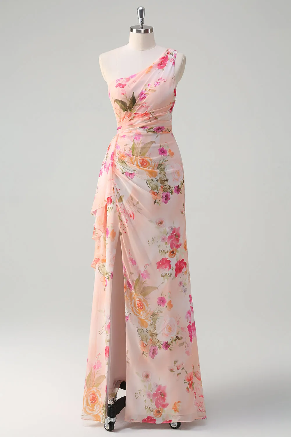 Floral Peach One Soulder Ruched Sheath Maxi Dress with Slit