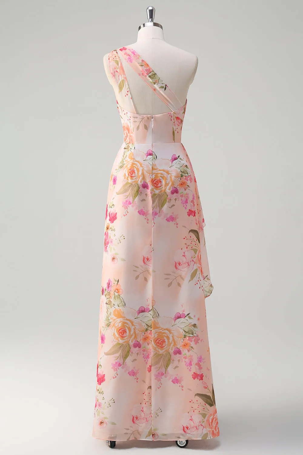 Floral Peach One Soulder Ruched Sheath Maxi Dress with Slit