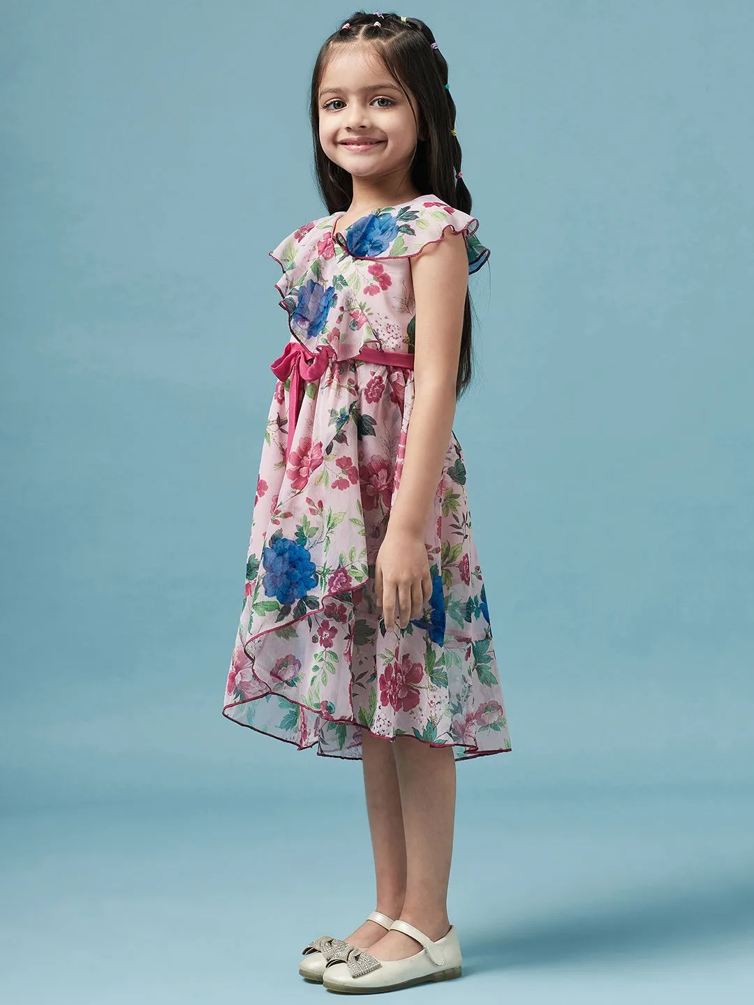 Girls Floral Printed V Neck A-Line Dress - Ps Peaches