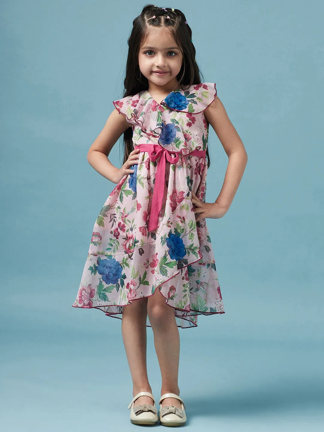 Girls Floral Printed V Neck A-Line Dress - Ps Peaches