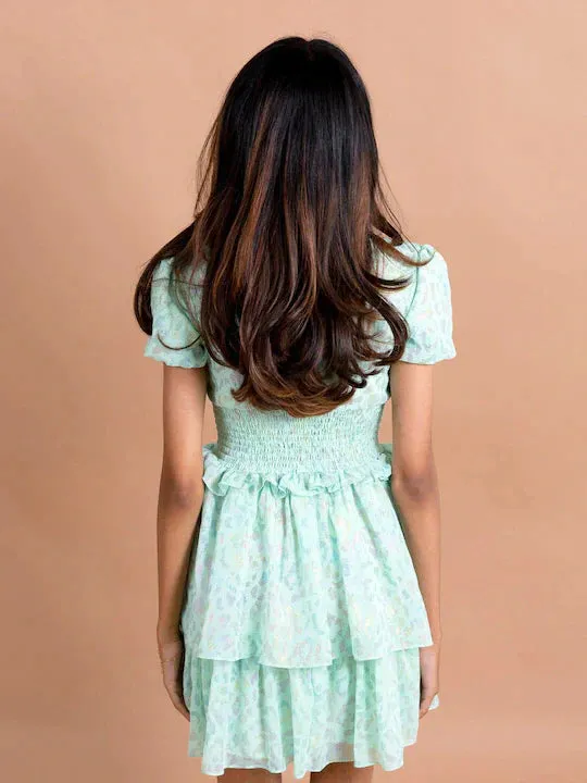 Girls Sea Green Pink Printed Chiffon Dress - Ps Peaches