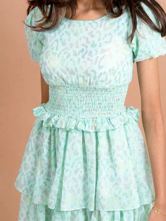 Girls Sea Green Pink Printed Chiffon Dress - Ps Peaches