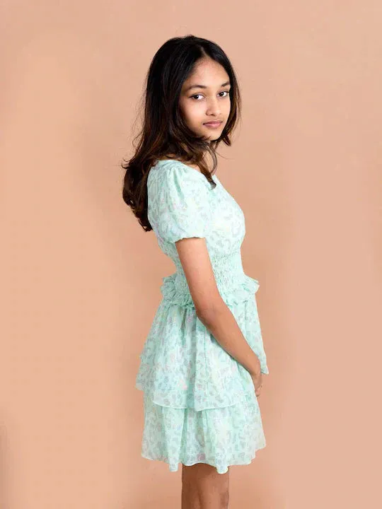 Girls Sea Green Pink Printed Chiffon Dress - Ps Peaches