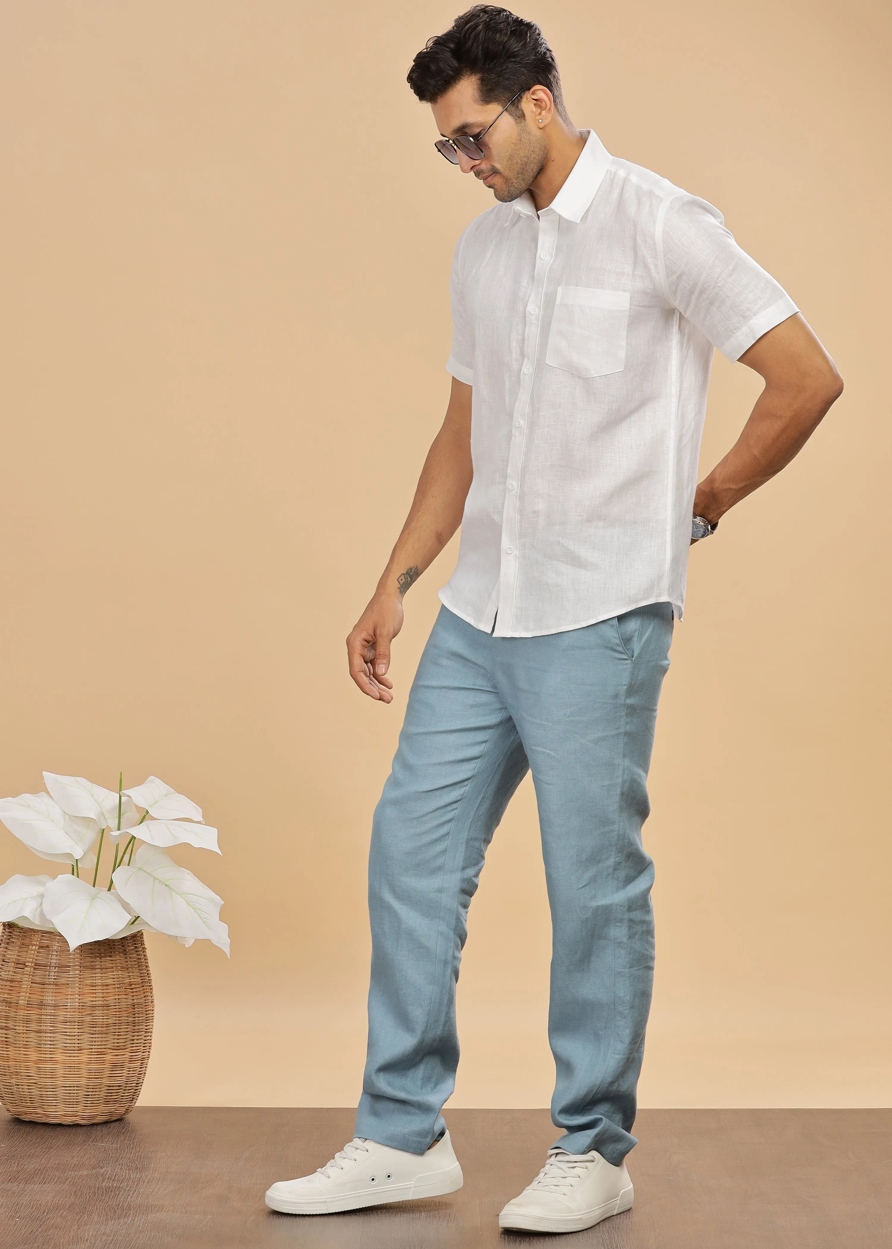 Ian Pure Linen Trousers - Light Blue Grey