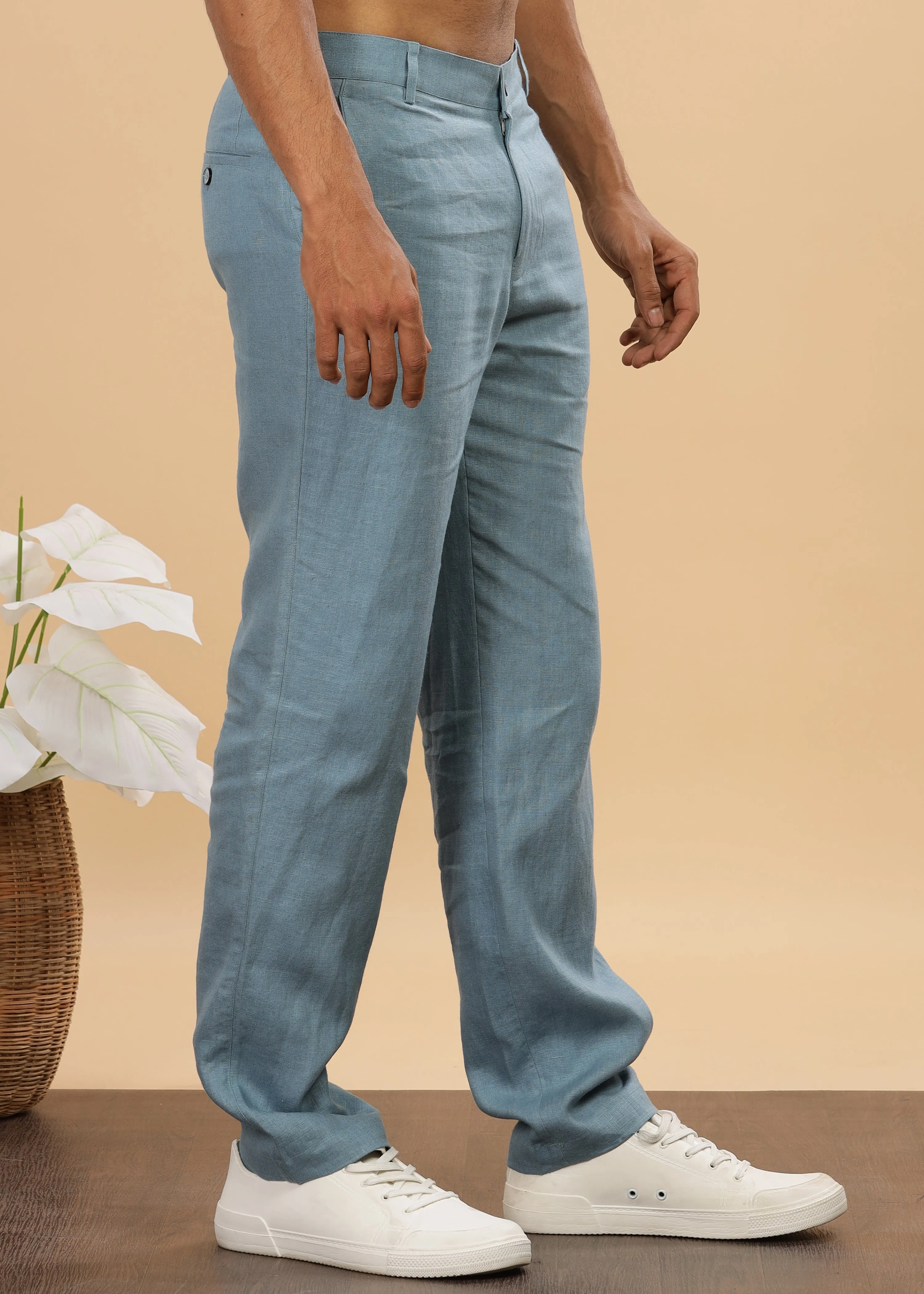 Ian Pure Linen Trousers - Light Blue Grey