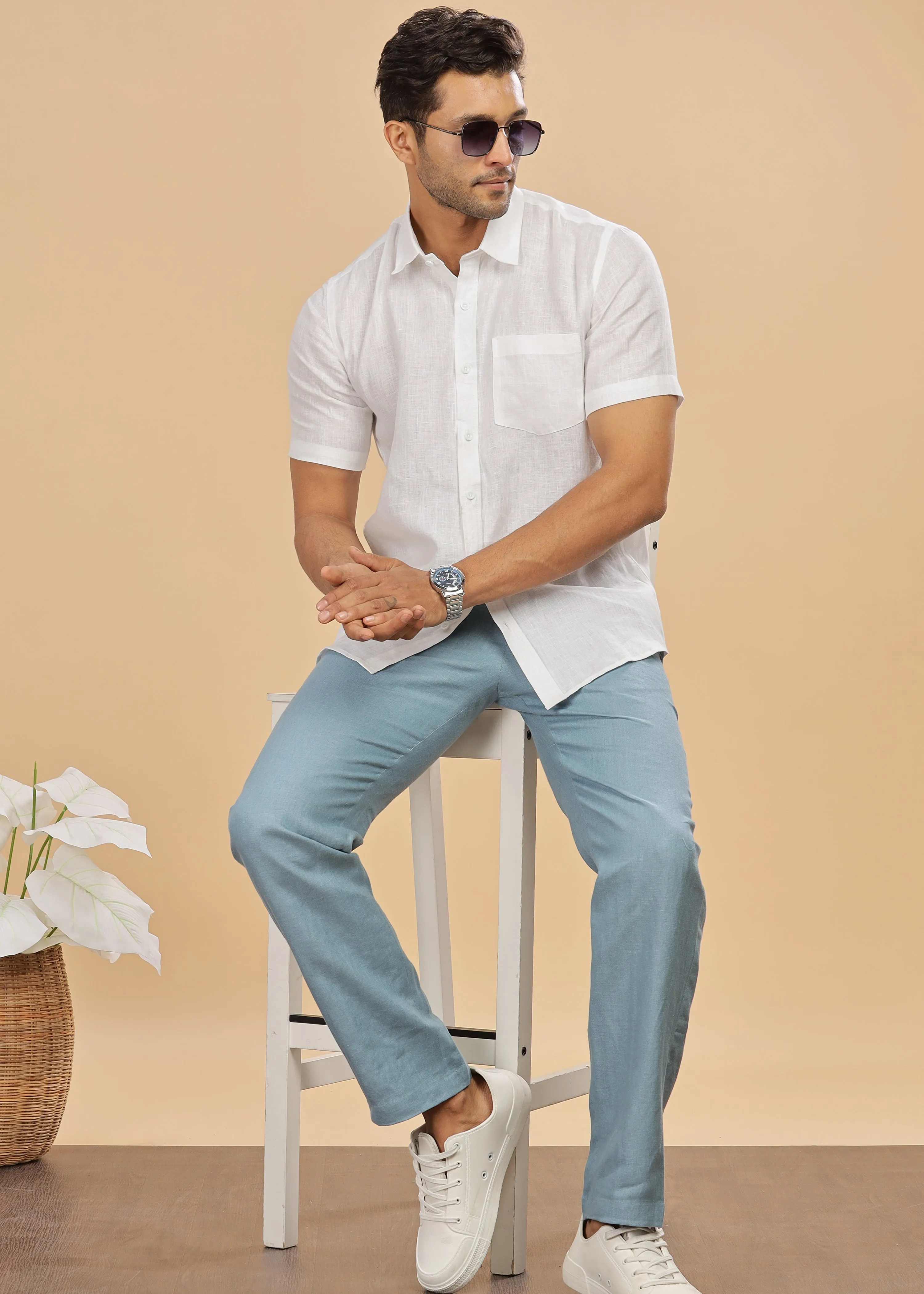 Ian Pure Linen Trousers - Light Blue Grey