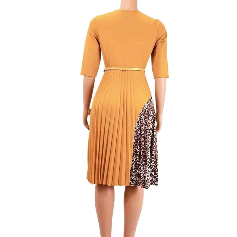 Leopard Print Midi Dress Women O Neck Half Sleeve A-Line Pleated