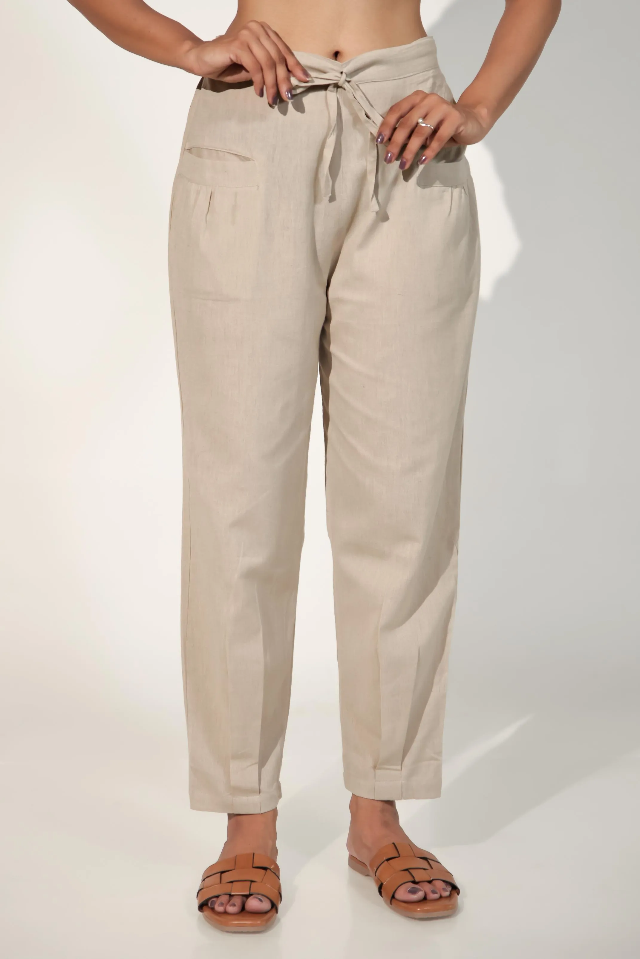 Light Brown Women's Pleated-Narrow Trousers