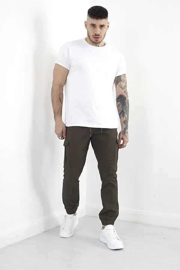 LIGHT KHAKI COTTON TWILL CUFFED CARGO STYLE TROUSERS