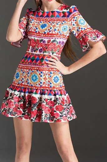 'Mambo' Printed Fluted Sleeve & Hem Mini Dress