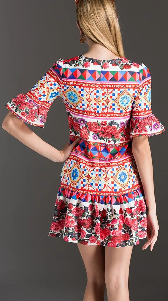 'Mambo' Printed Fluted Sleeve & Hem Mini Dress