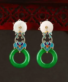 Modern Green Copper Cloisonne Jadeite Dry Green Floral Drop  Earrings LY2275