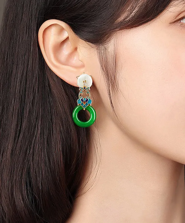 Modern Green Copper Cloisonne Jadeite Dry Green Floral Drop  Earrings LY2275