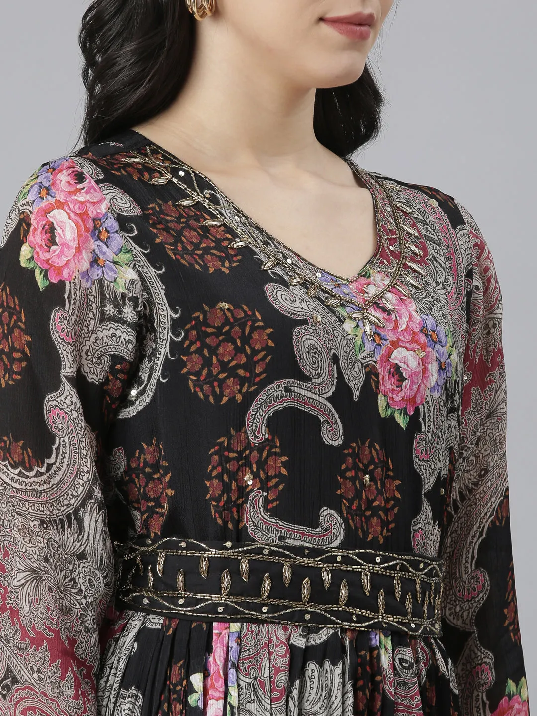 Neeru's Black Flared Casual Floral Dresses