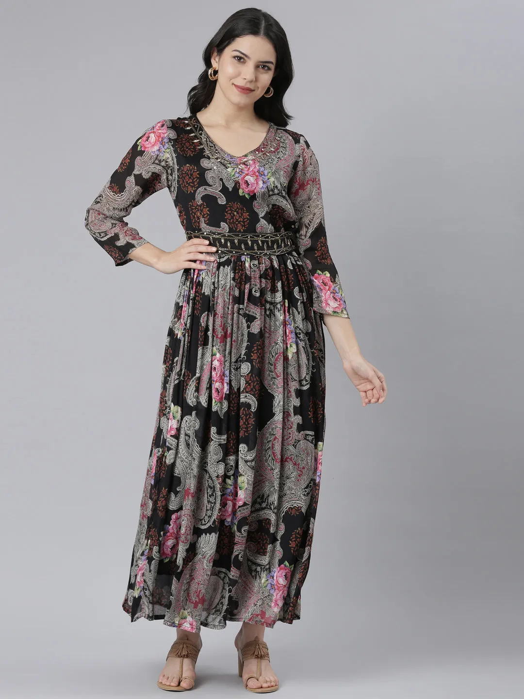 Neeru's Black Flared Casual Floral Dresses