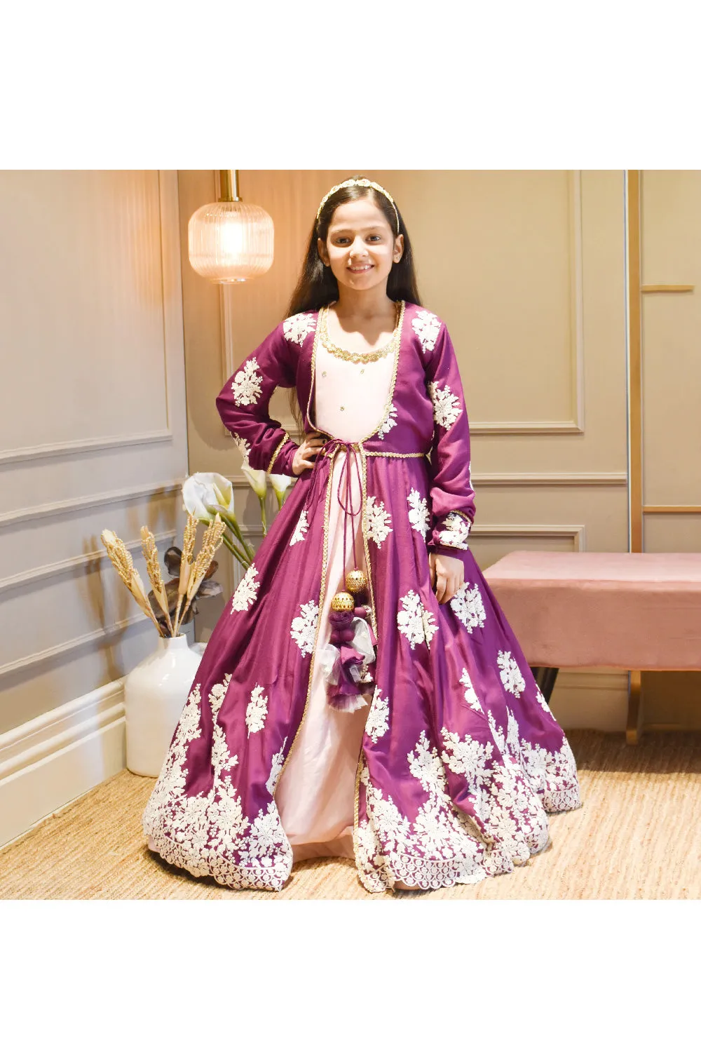 Pink Hand Embroidered Satin Anarkali With Floral Embroidered Long Jacket Set