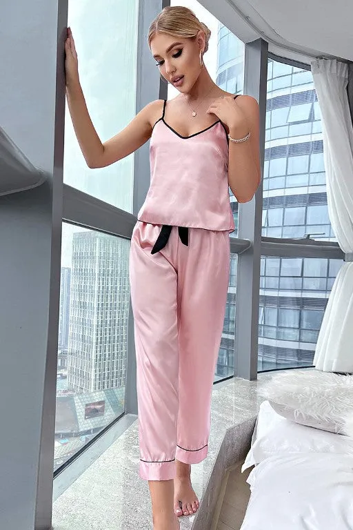 Pink Ice Silk Suspender Trousers Pajamas