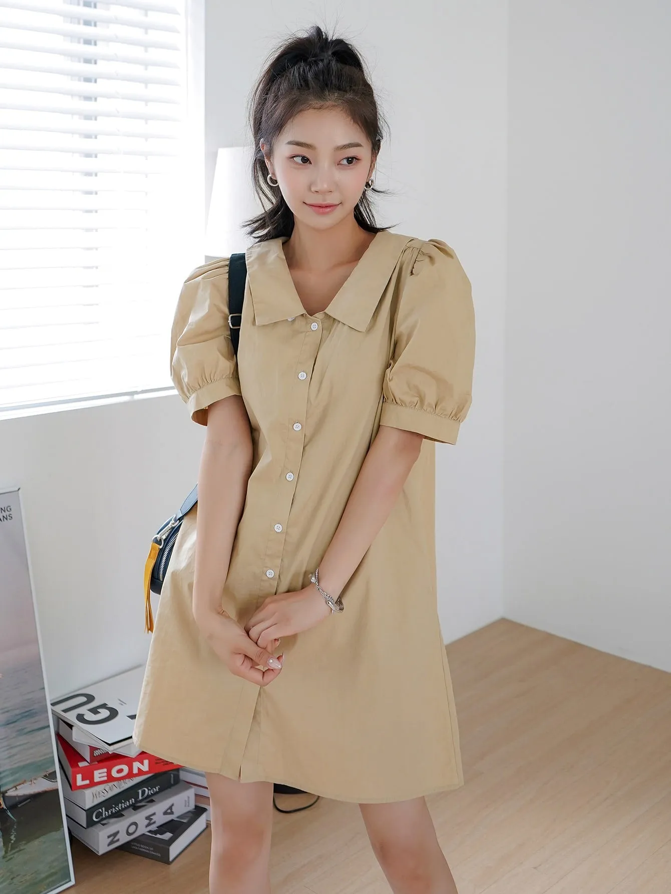 Plain Button Front Short Sleeve Peter Pan Collar Straight Short Dress