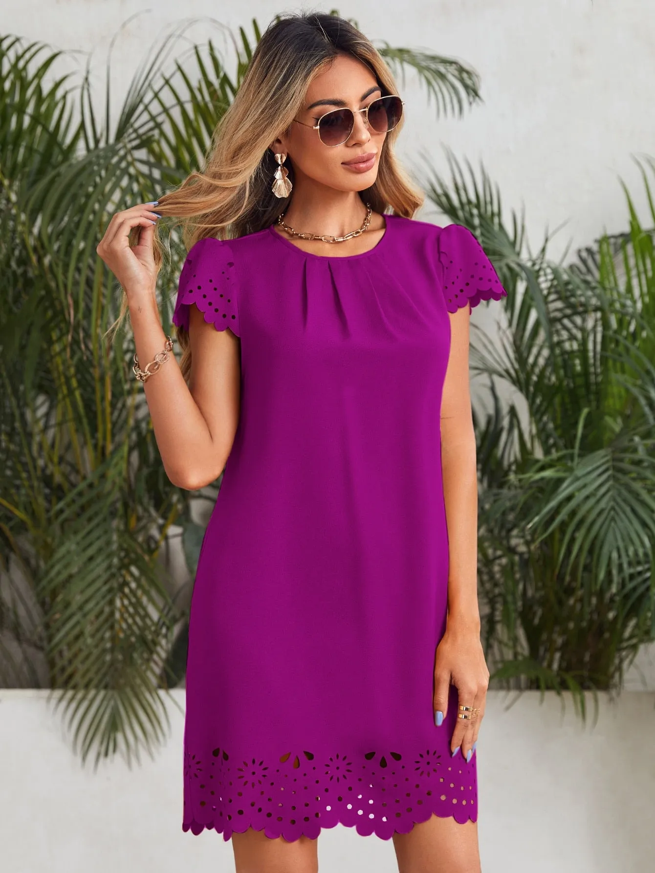 Plain Button Short Sleeve Round Neck Straight Natural Women Short Dress