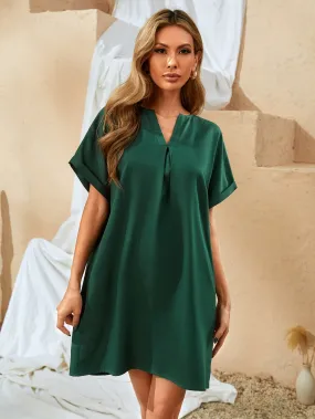 Plain Ruched Short Sleeve Notched Flared Natural Short Dress