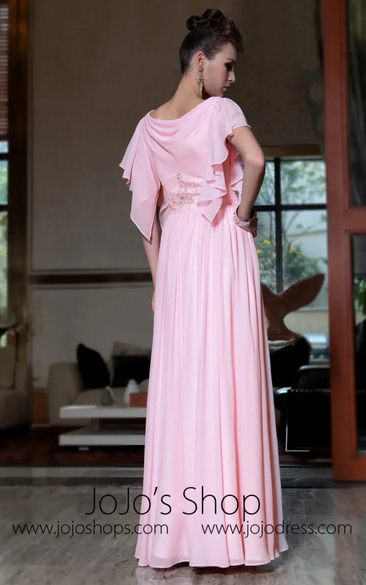 Powder Pink Modest Short Sleeves Evening Dress