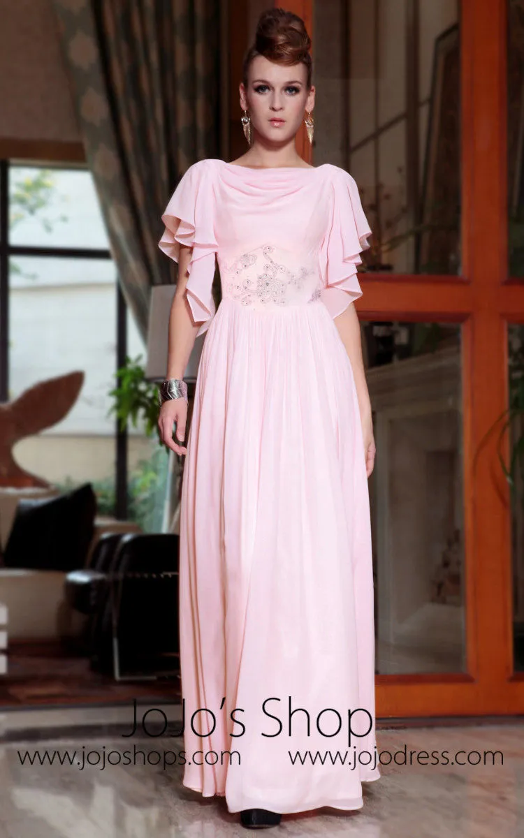 Powder Pink Modest Short Sleeves Evening Dress