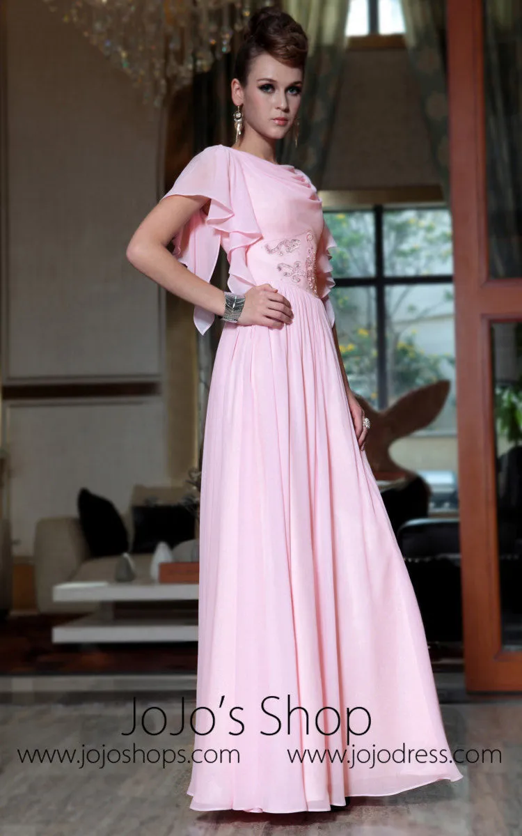 Powder Pink Modest Short Sleeves Evening Dress