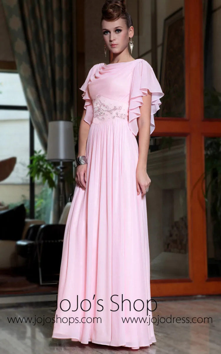 Powder Pink Modest Short Sleeves Evening Dress