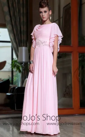 Powder Pink Modest Short Sleeves Evening Dress