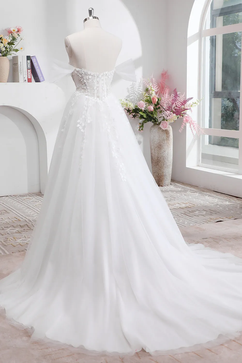 Princess Off The Shoulder Sweep Train Tulle Corset Wedding Dress with Appliques