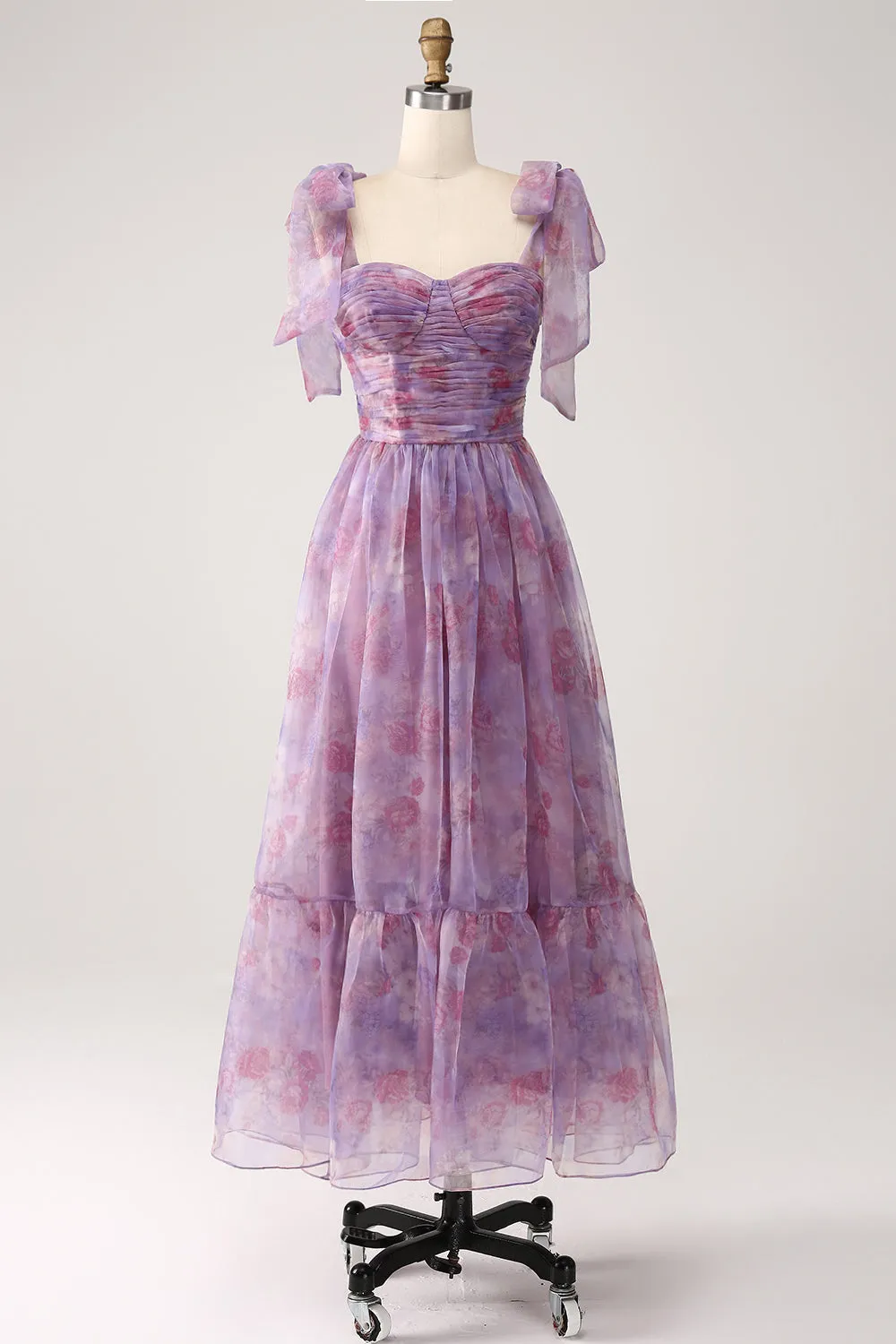 Purple Printed A Line Pleated Tea Length Dress