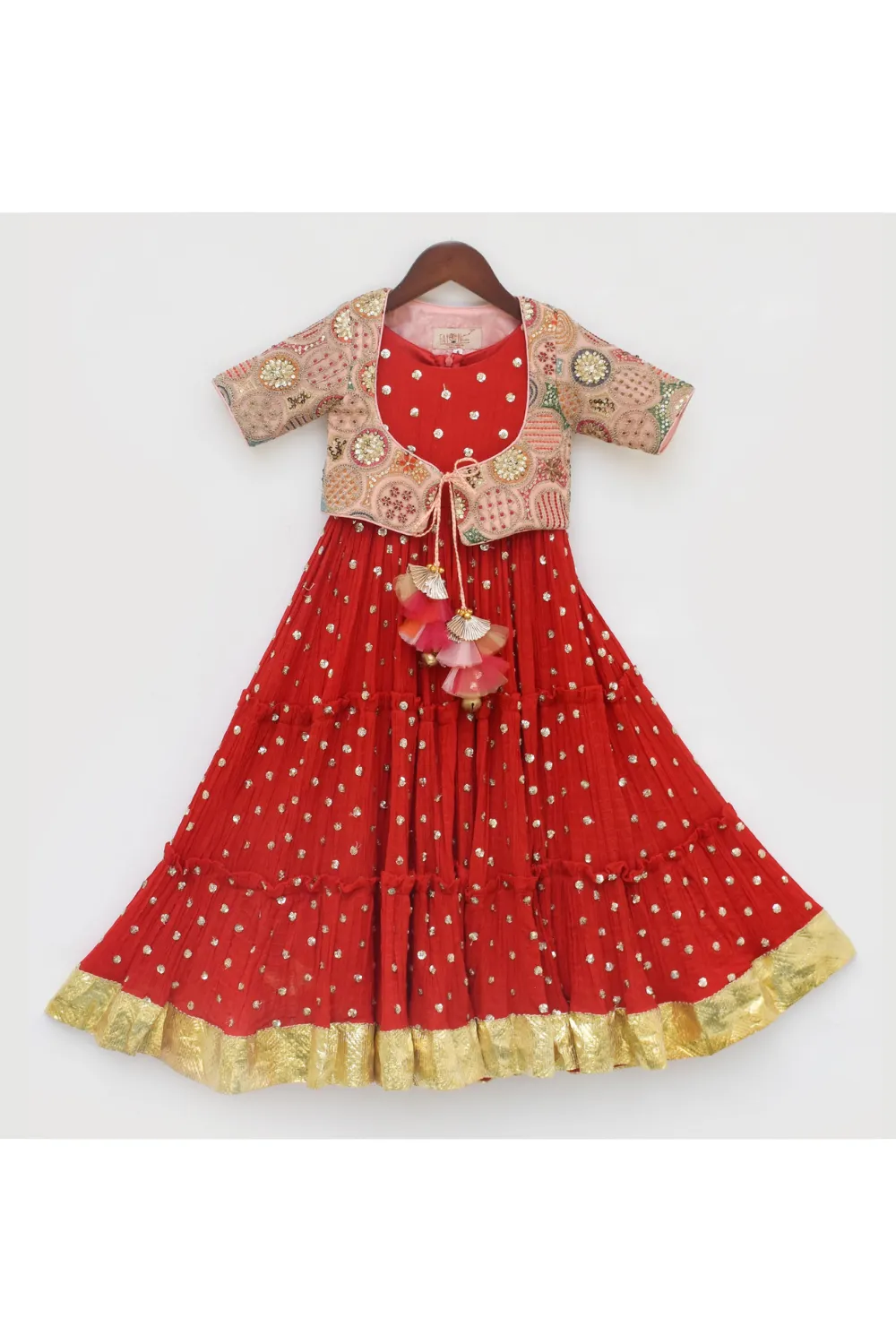 Red Crinkled Georgette Anarkali With Embroidered Jacket Set