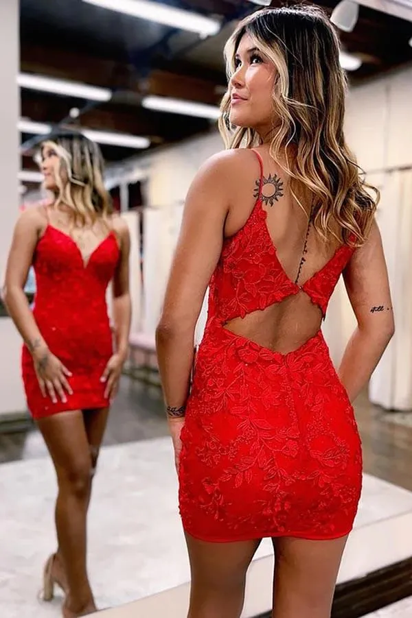 Red Lace Mermaid V-neck Short Homecoming Dresses, Graduation Dress, SH629