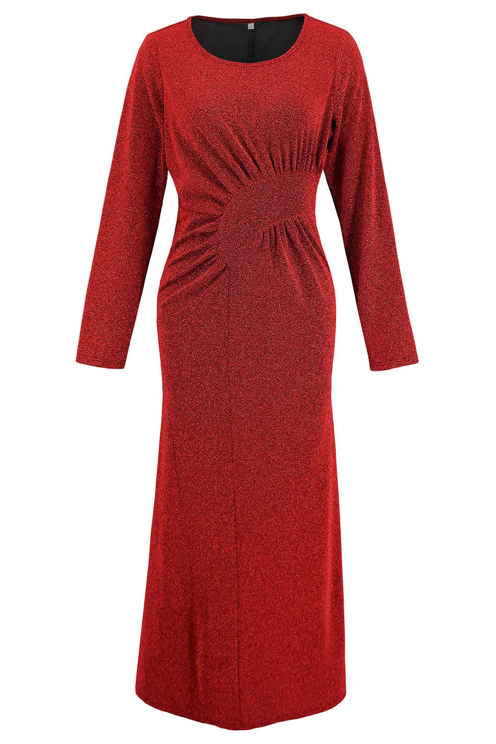 Red Mermaid Scoop Neck Maxi Wedding Guest Dress with Long Sleeves