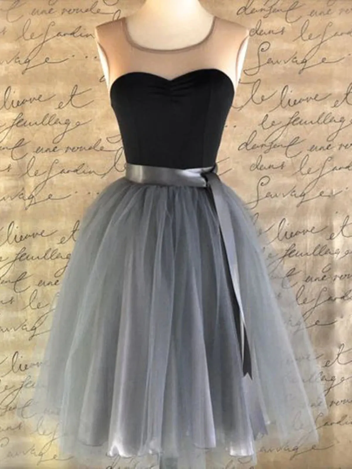 Round Neck Black Gray Tulle Short Prom Dresses, Short Black Gray Graduation Homecoming Dresses