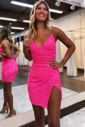 Sparkly Sequins Sheath V-neck Spaghetti Straps Short Homecoming Dresses, SH632