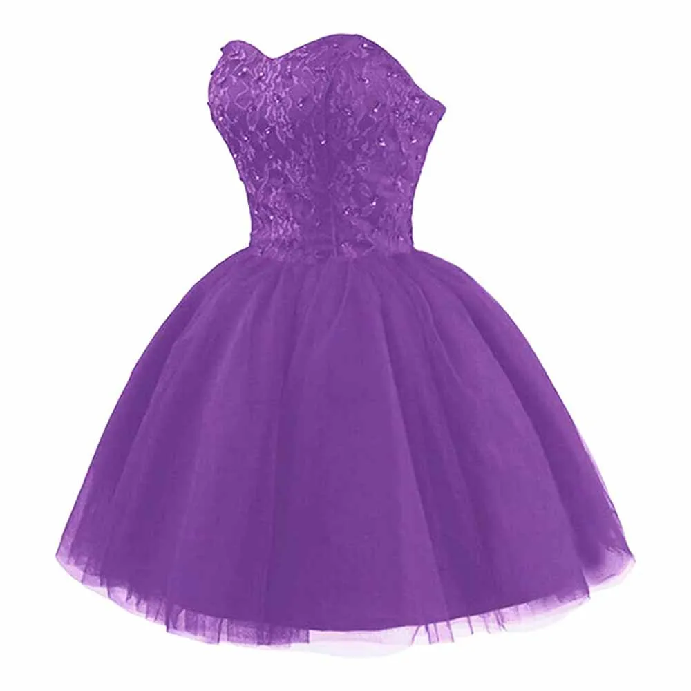 Strapless Prom Dresses Short Lace Tulle A-Line Homecoming Quinceanera Dresses