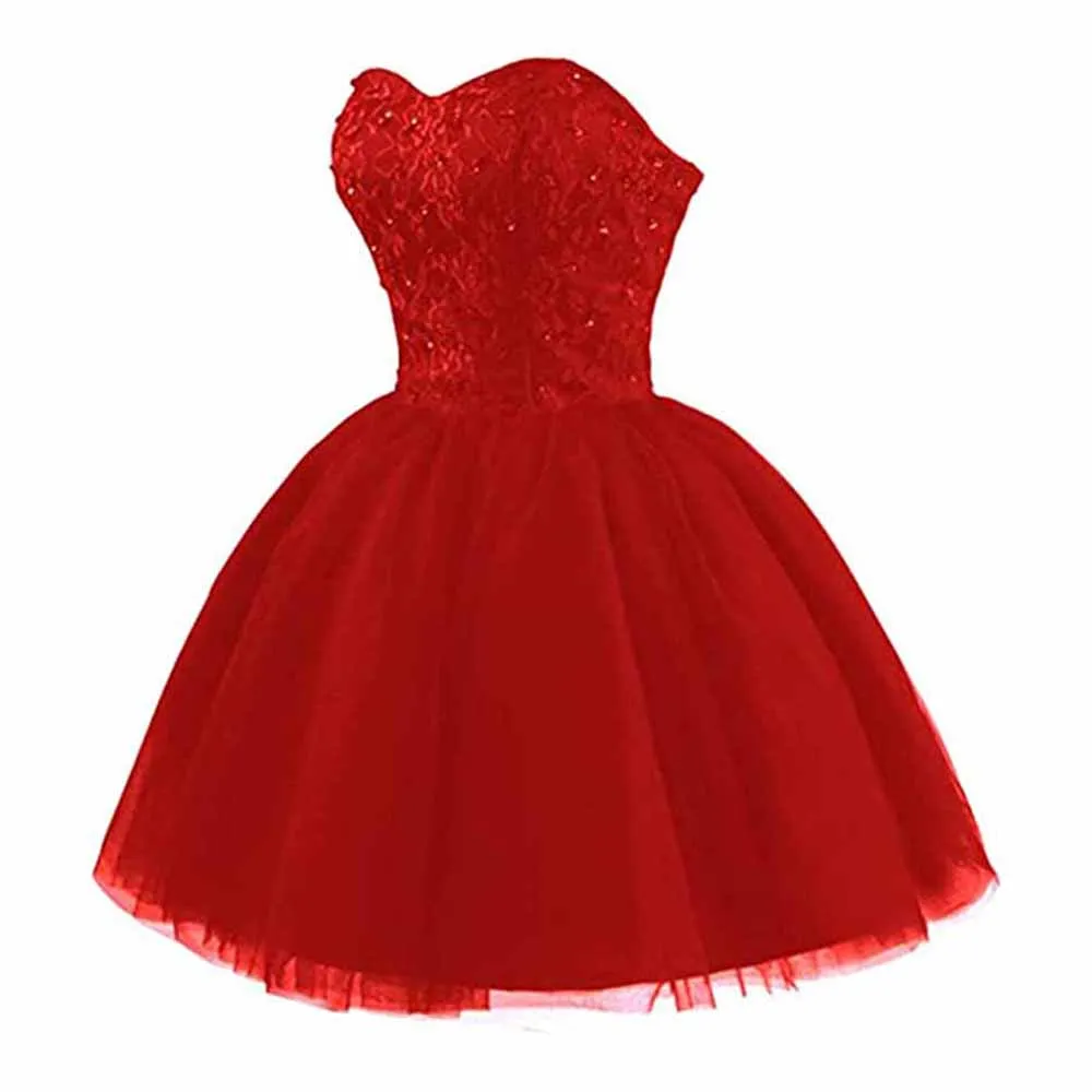 Strapless Prom Dresses Short Lace Tulle A-Line Homecoming Quinceanera Dresses