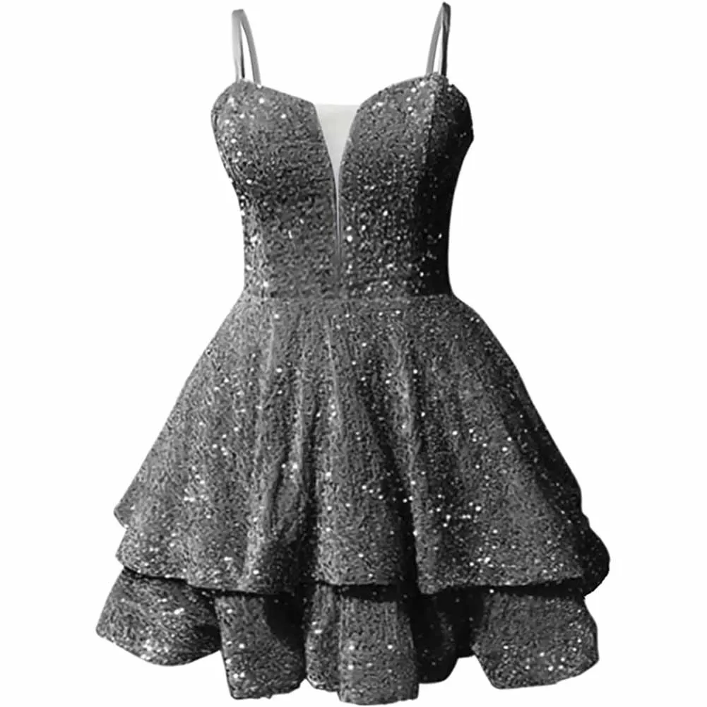 Teens Sequin Prom Dresses Spaghetti Straps Sparkly Short Homecoming Cocktail Dresses