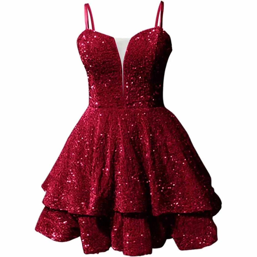 Teens Sequin Prom Dresses Spaghetti Straps Sparkly Short Homecoming Cocktail Dresses