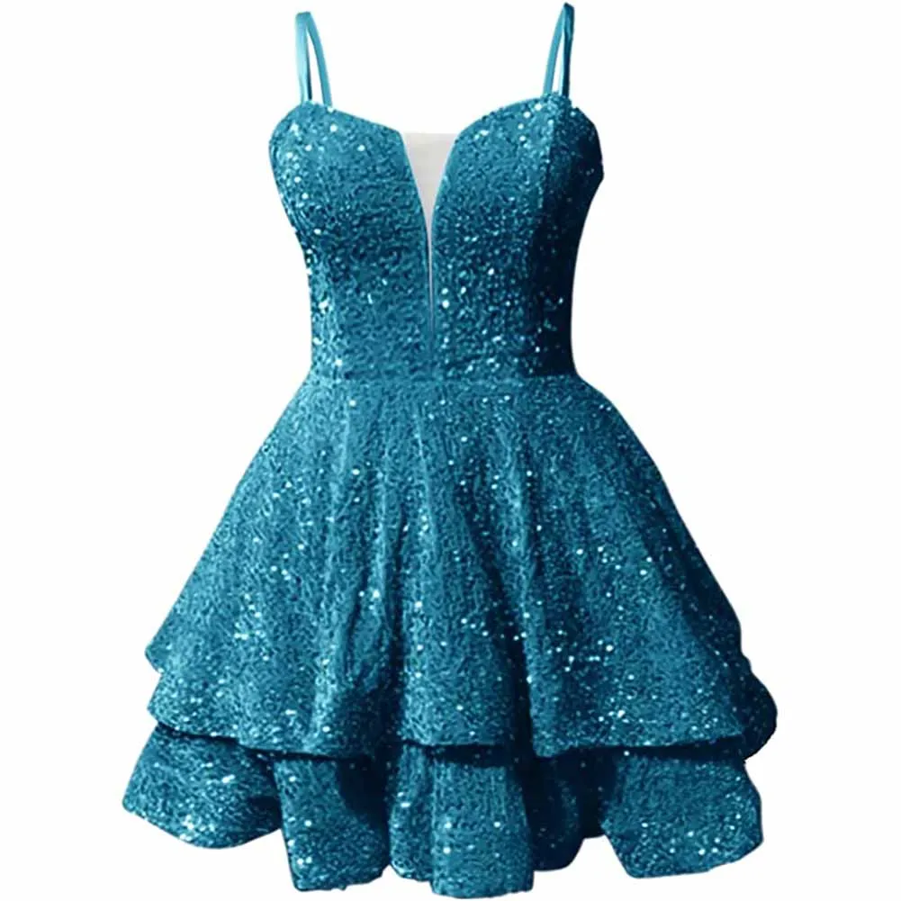 Teens Sequin Prom Dresses Spaghetti Straps Sparkly Short Homecoming Cocktail Dresses