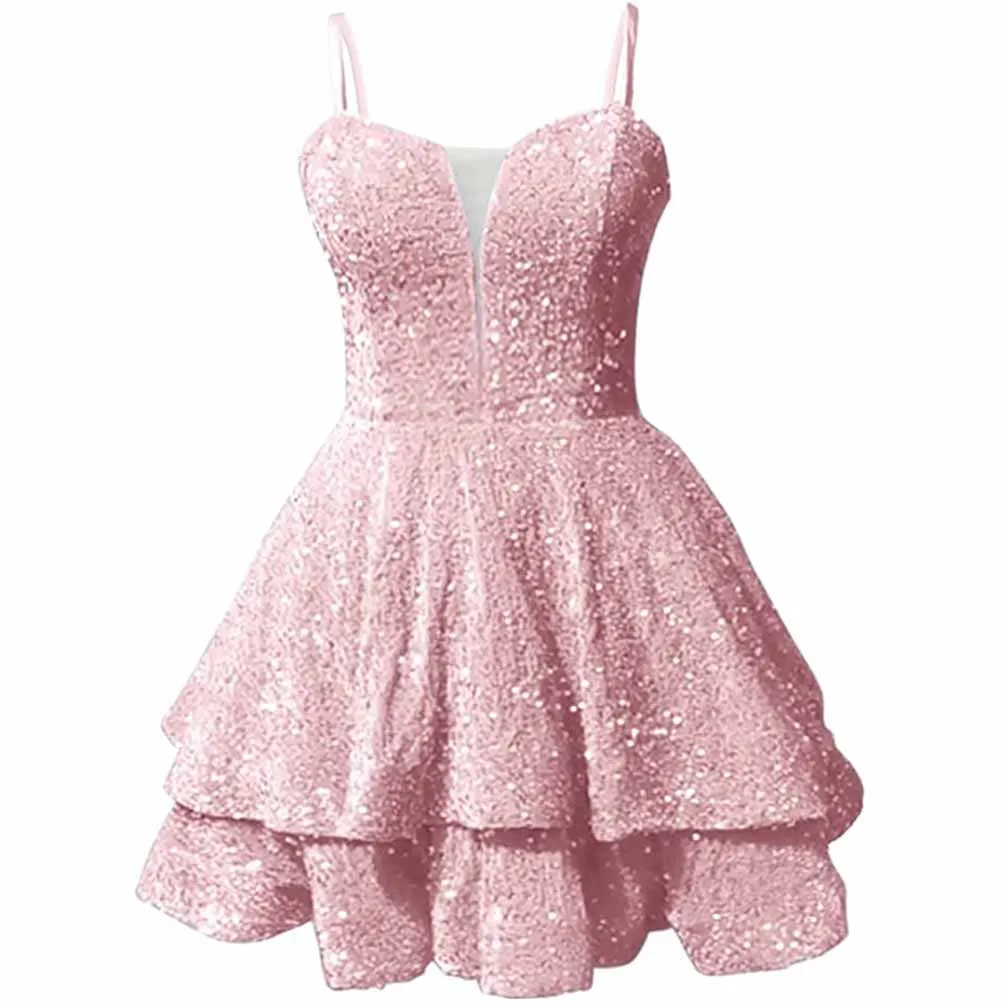 Teens Sequin Prom Dresses Spaghetti Straps Sparkly Short Homecoming Cocktail Dresses