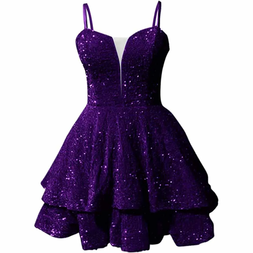 Teens Sequin Prom Dresses Spaghetti Straps Sparkly Short Homecoming Cocktail Dresses