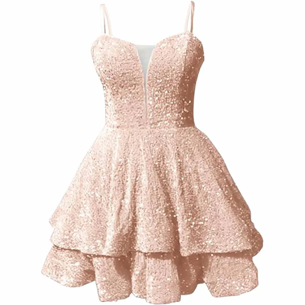 Teens Sequin Prom Dresses Spaghetti Straps Sparkly Short Homecoming Cocktail Dresses