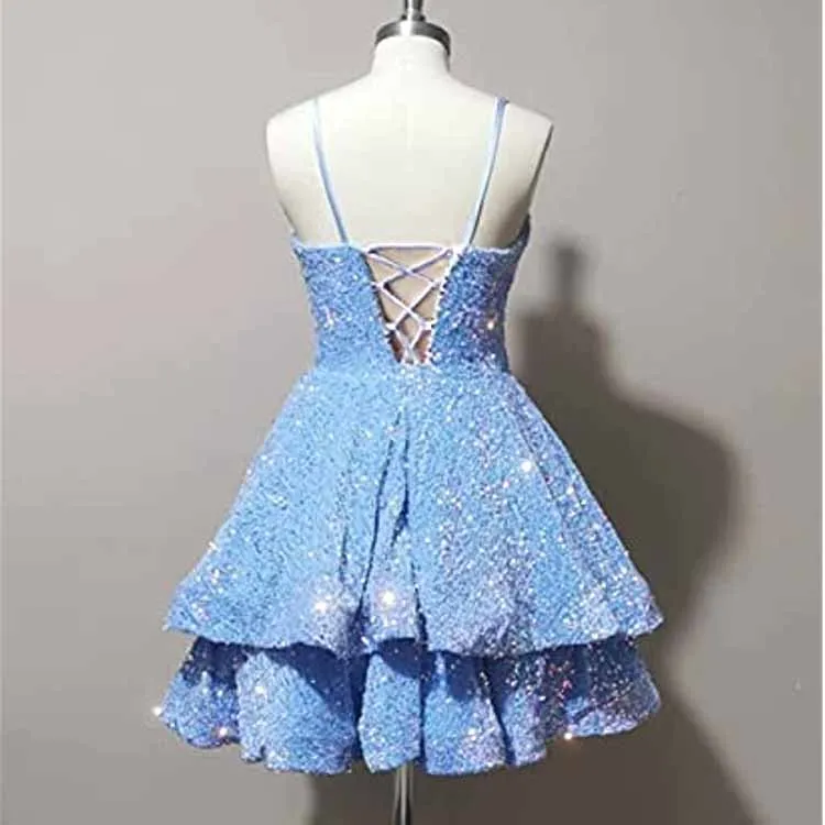 Teens Sequin Prom Dresses Spaghetti Straps Sparkly Short Homecoming Cocktail Dresses