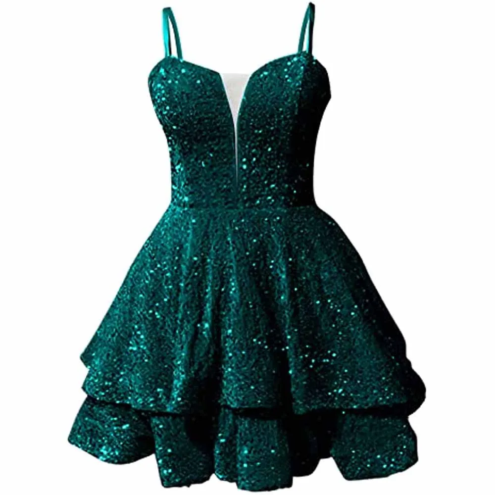 Teens Sequin Prom Dresses Spaghetti Straps Sparkly Short Homecoming Cocktail Dresses