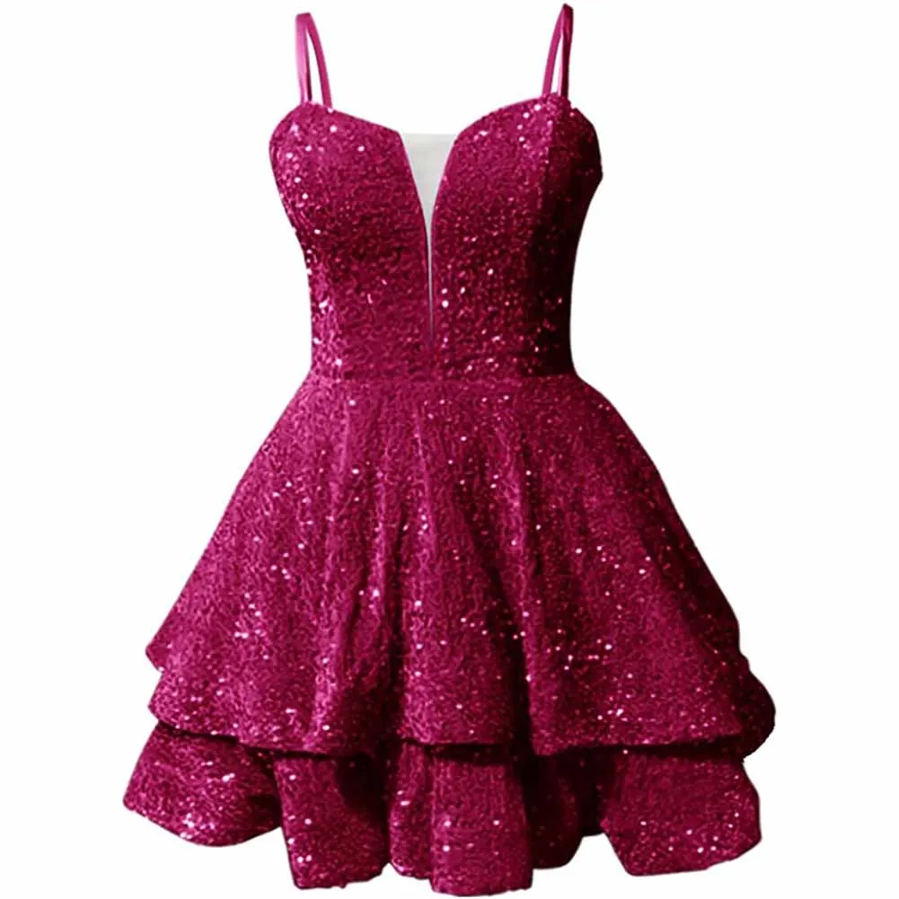 Teens Sequin Prom Dresses Spaghetti Straps Sparkly Short Homecoming Cocktail Dresses