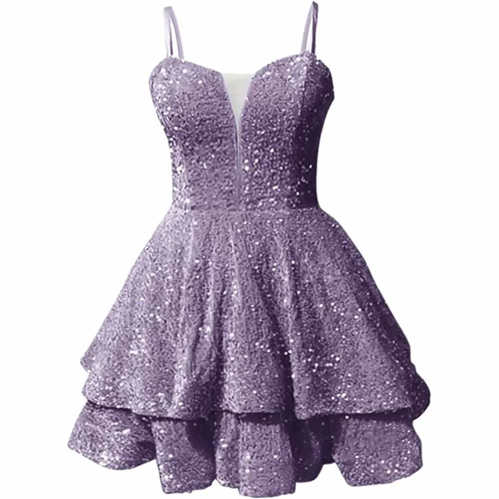 Teens Sequin Prom Dresses Spaghetti Straps Sparkly Short Homecoming Cocktail Dresses